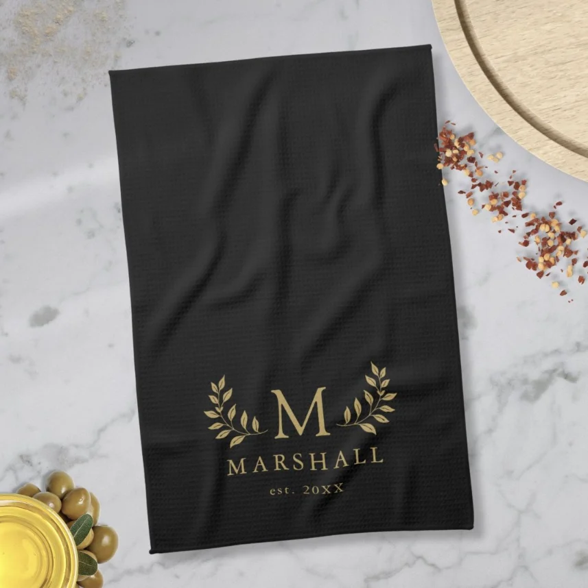 Black And Gold Modern Floral Monogram Family Name Kitchen Towel