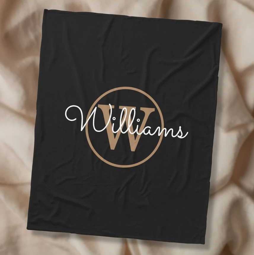 Elegant Black Gold Monogram Script Name Fleece Blanket