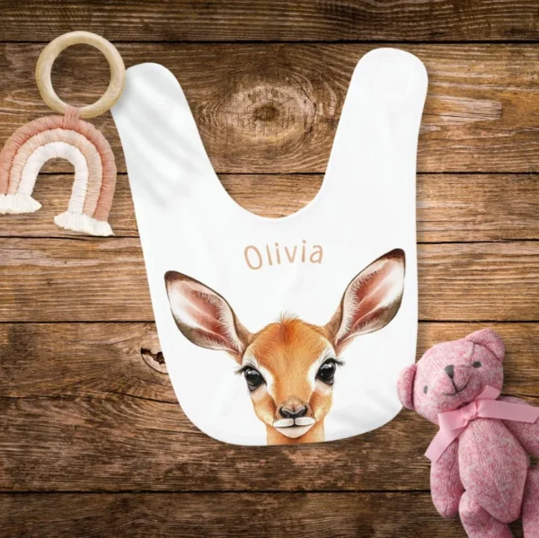 Cute Watercolor Baby Deer Name Baby Bib