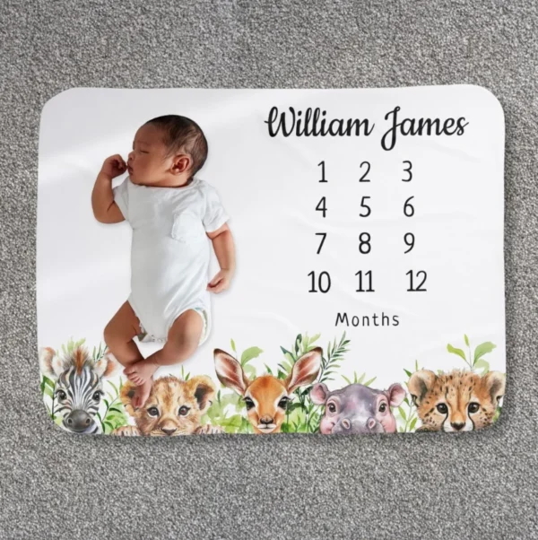 Cute Safari Animals Baby Milestone Baby Blanket