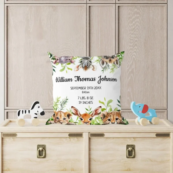 Cute Watercolor Safari Animals Baby Birth Stats Throw Pillow