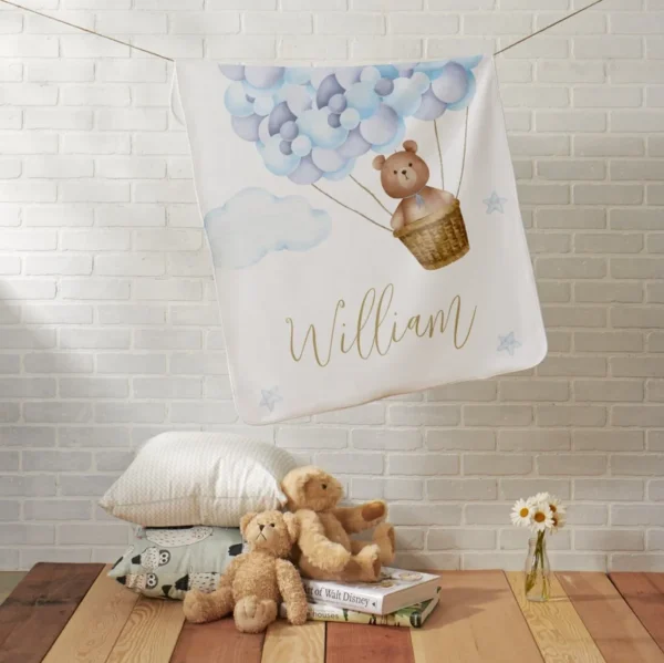 Cute Teddy Bear Blue Balloons Gold Script Baby Blanket