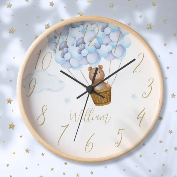 Teddy Bear And Blue Balloons Personalized Clock