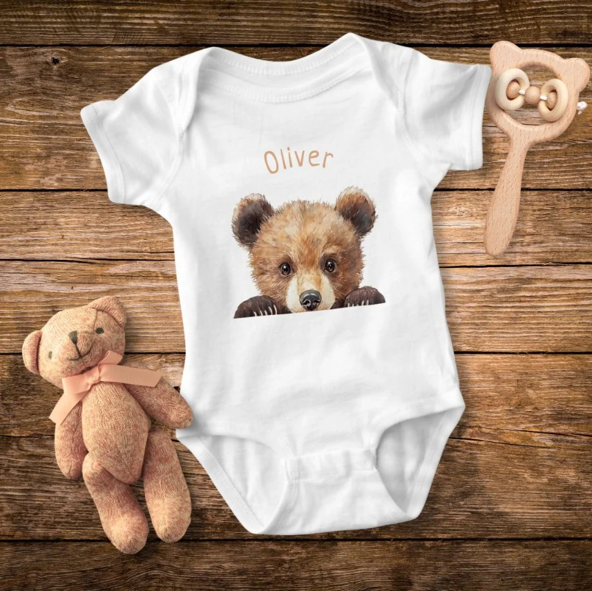 Cute Watercolor Baby Bear Personalized Baby Bodysuit