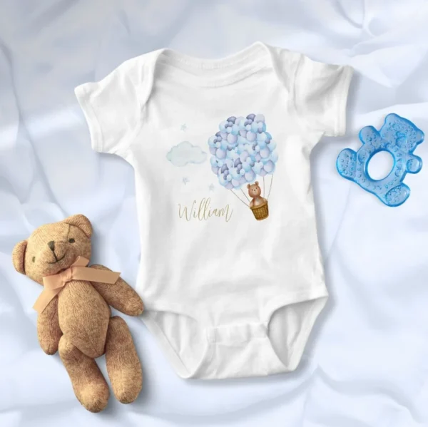 Teddy Bear Blue Balloons Gold Script Baby Bodysuit