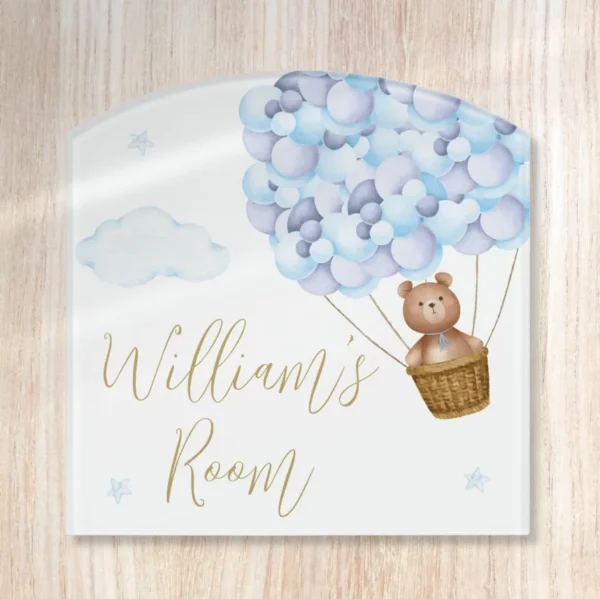 Teddy Bear Blue Balloons Baby Nursery Door Sign