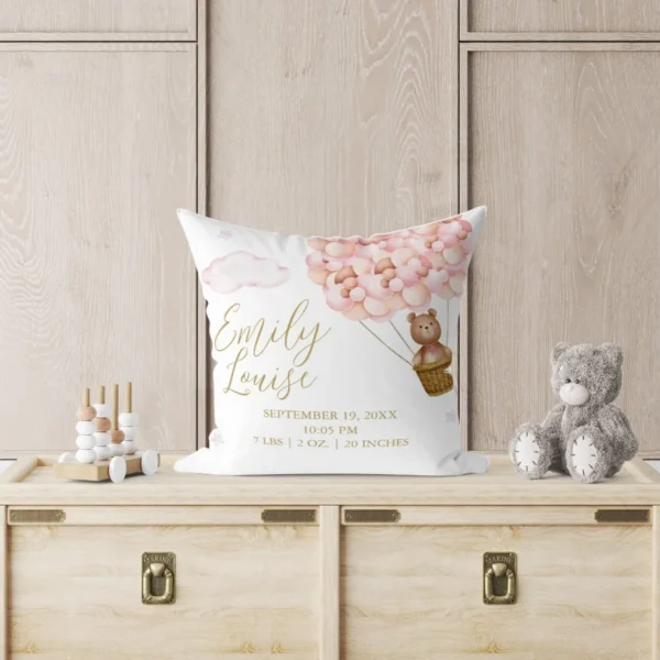 Teddy Bear Pink Balloons Baby Girl Birth Stats Throw Pillow