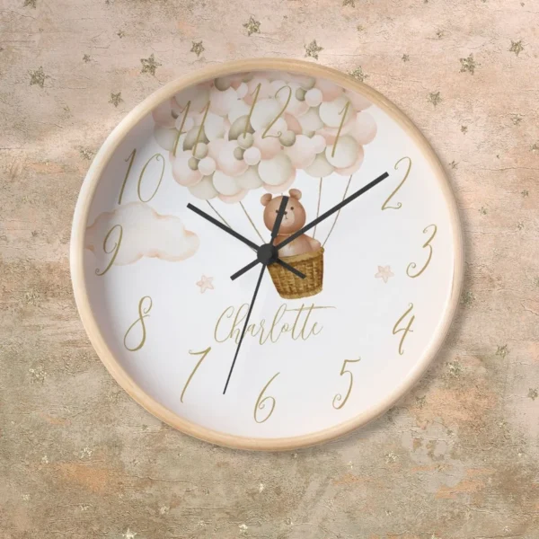 Teddy Bear And Gold Balloons Personalized Clock