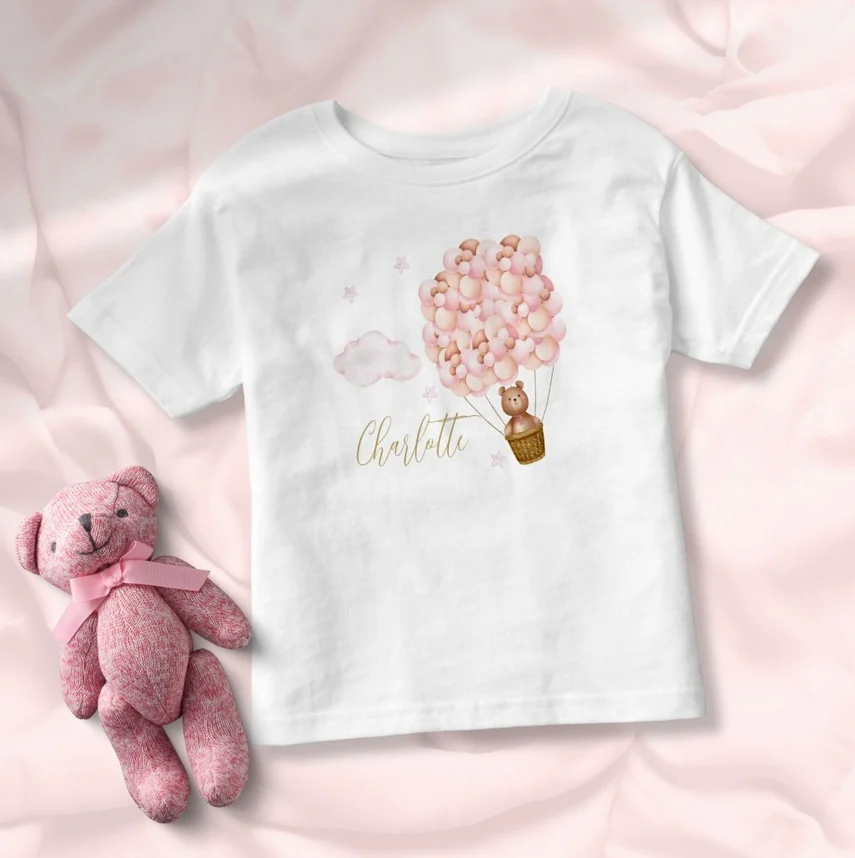 Teddy Bear Pink Balloons Gold Script Toddler T-shirt
