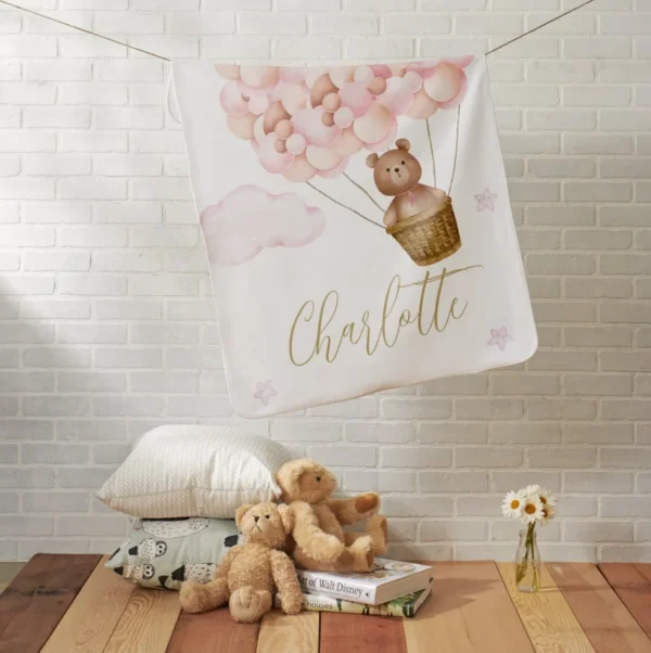 Cute Teddy Bear Pink Balloons Gold Script Baby Blanket