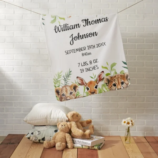 Cute Safari Animals Baby Birth Stats Baby Blanket