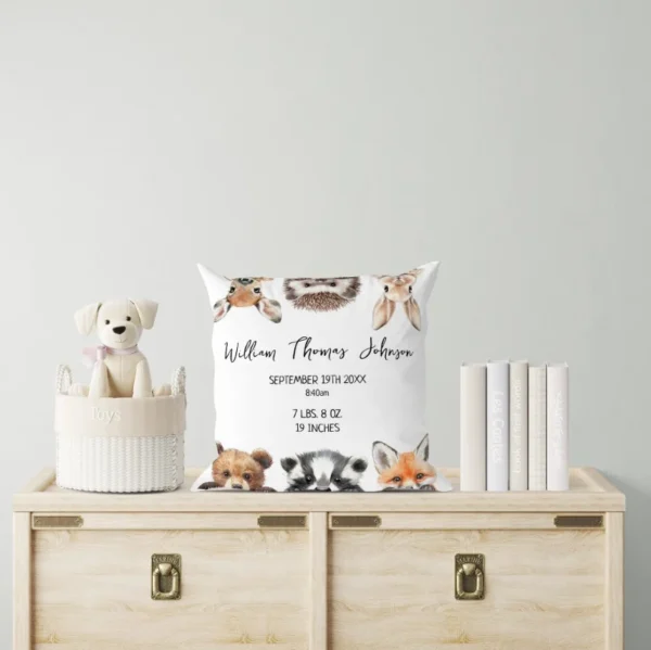 Cute Woodland Animals Baby Birth Stats Throw Pillow