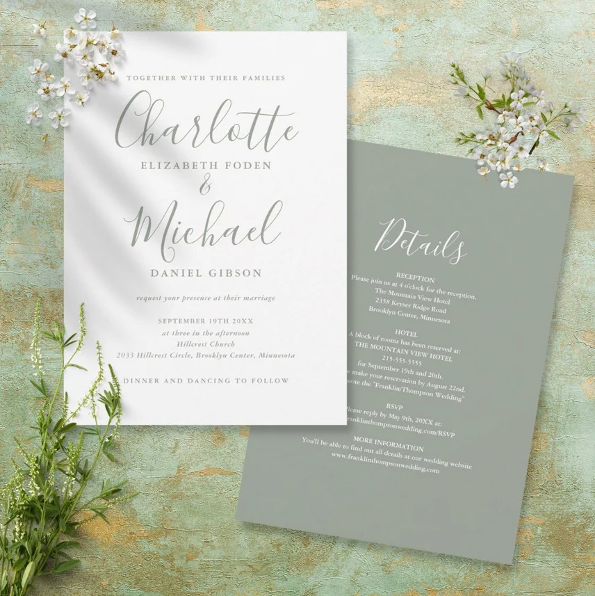 All In One Simple Sage Green Script Wedding Invitation