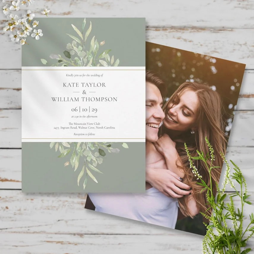 Sage Green Eucalyptus Greenery Photo Wedding Invitation