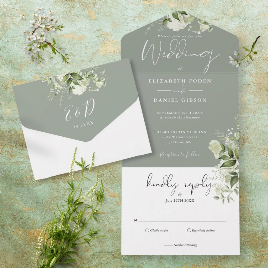 Sage Green Botanical Greenery Monogram Wedding All In One Invitation