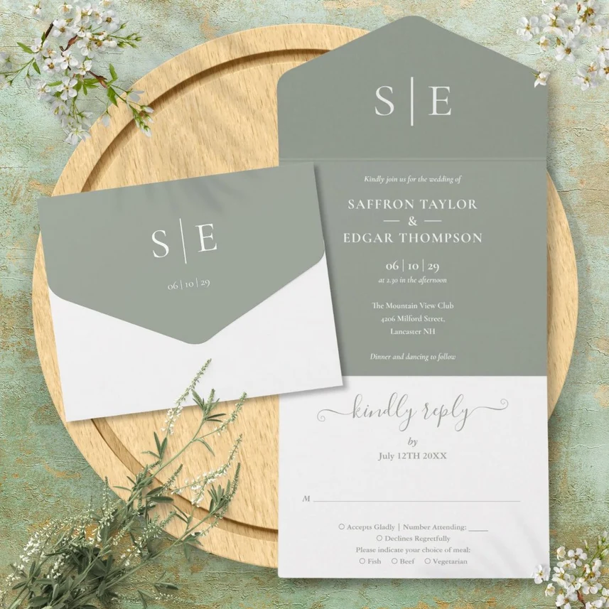 Monogram Elegant Sage Green Minimalist Wedding All In One Invitation