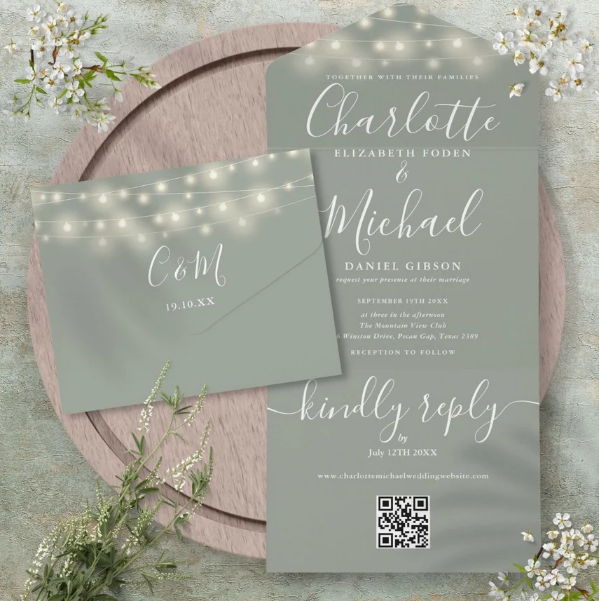 Sage Green String Lights QR Code Monogram Wedding All In One Invitation