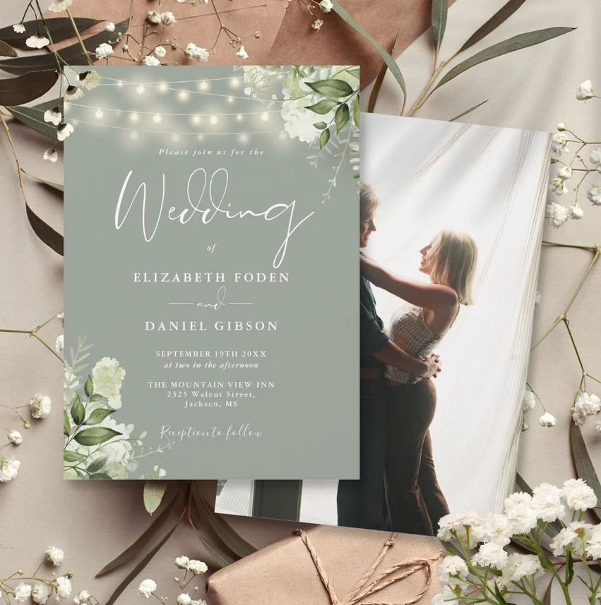 Sage Green Floral String Lights Photo Wedding Invitation