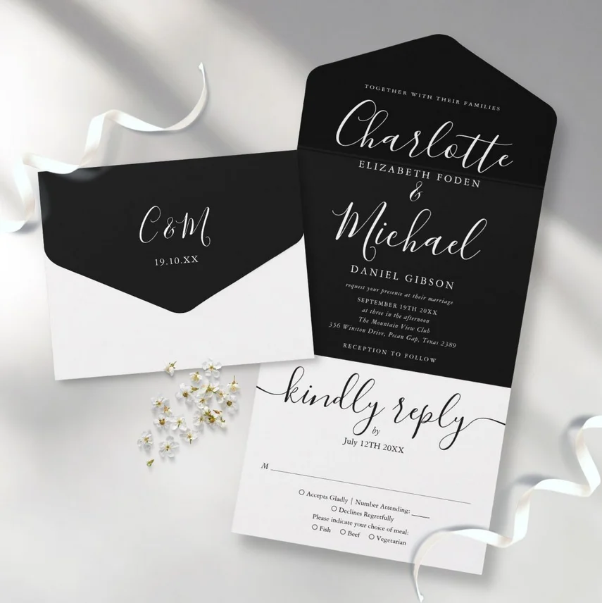 Black And White Elegant Script Minimalist Wedding All In One Invitation
