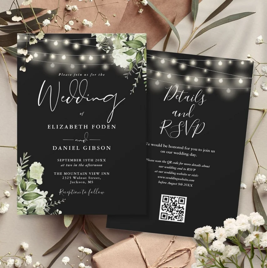 Black And White Lights Floral QR Code Wedding Invitation