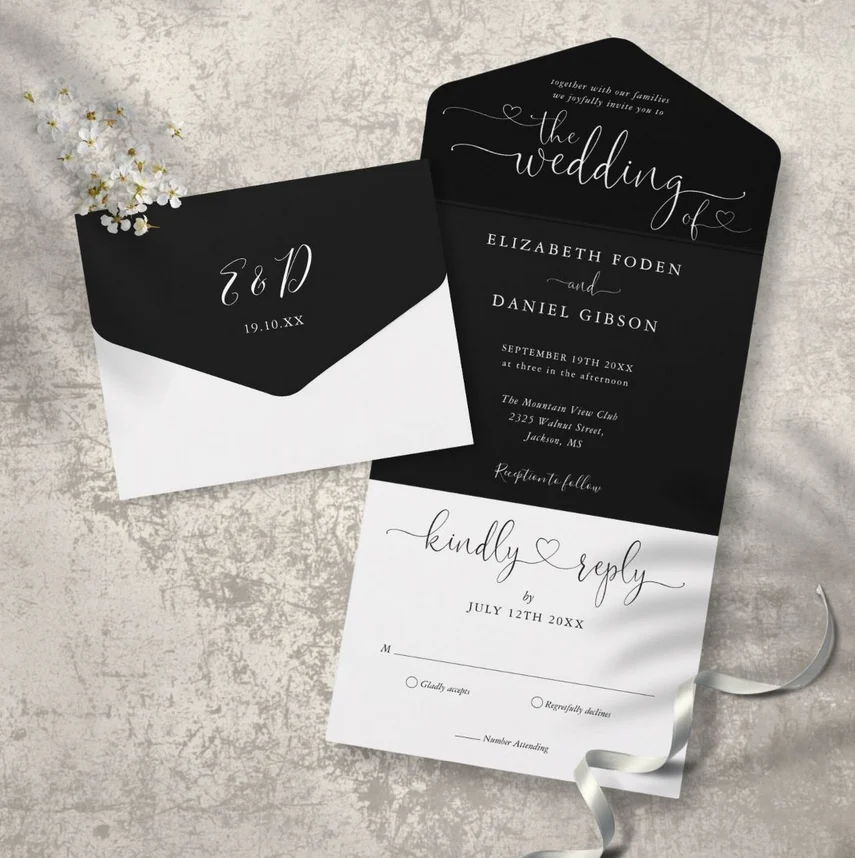 Script Hearts Black And White Minimalist Wedding All In One Invitation