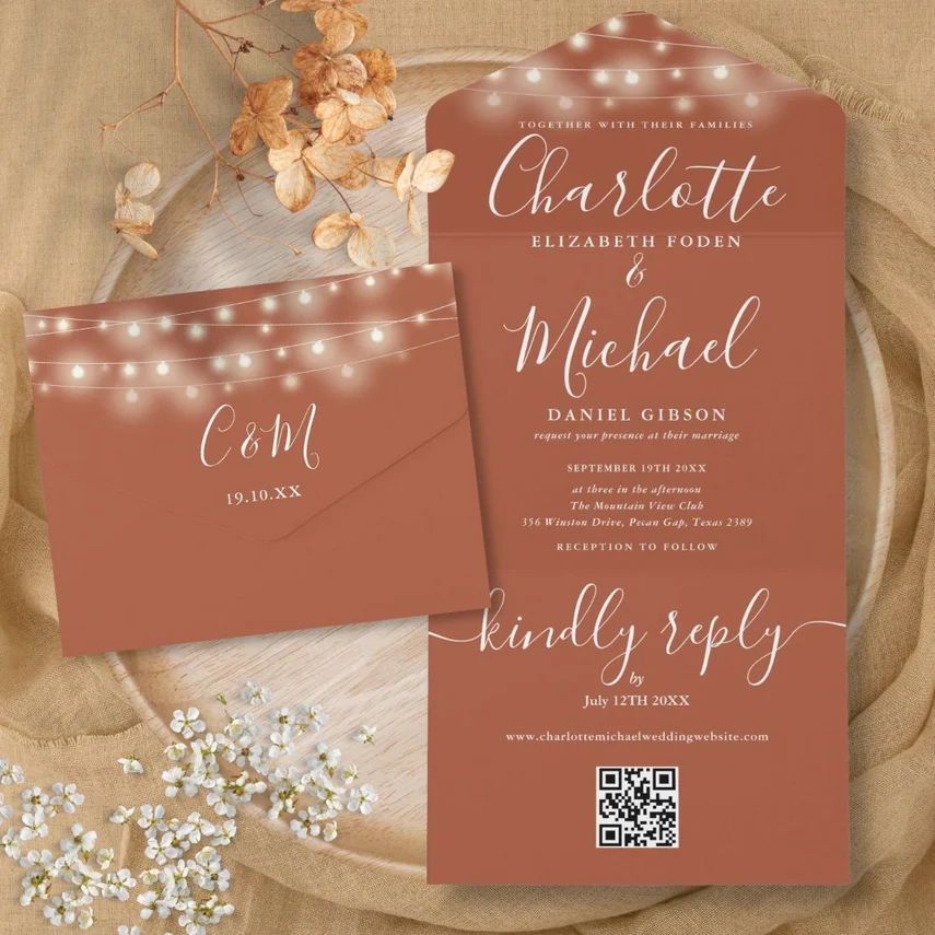 Terracotta String Lights QR Code Monogram Wedding All In One Invitation