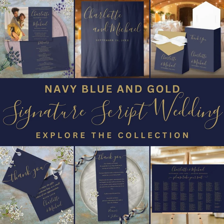 Chic Navy Blue Gold Signature Script Wedding Suite