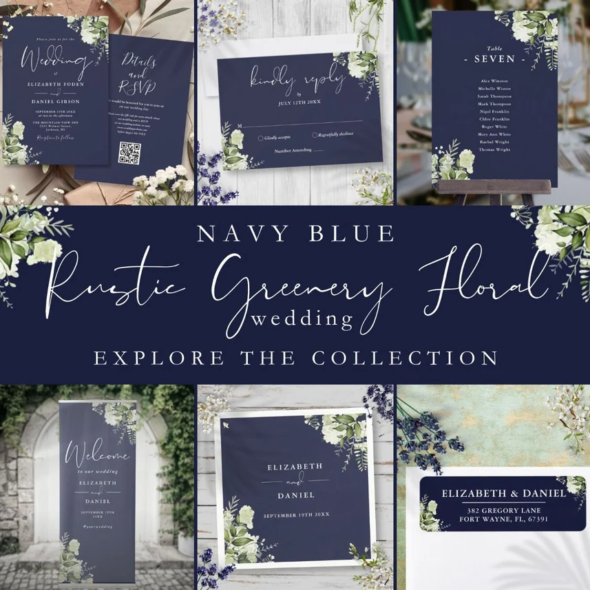 Navy Blue Rustic Greenery Floral Wedding Suite