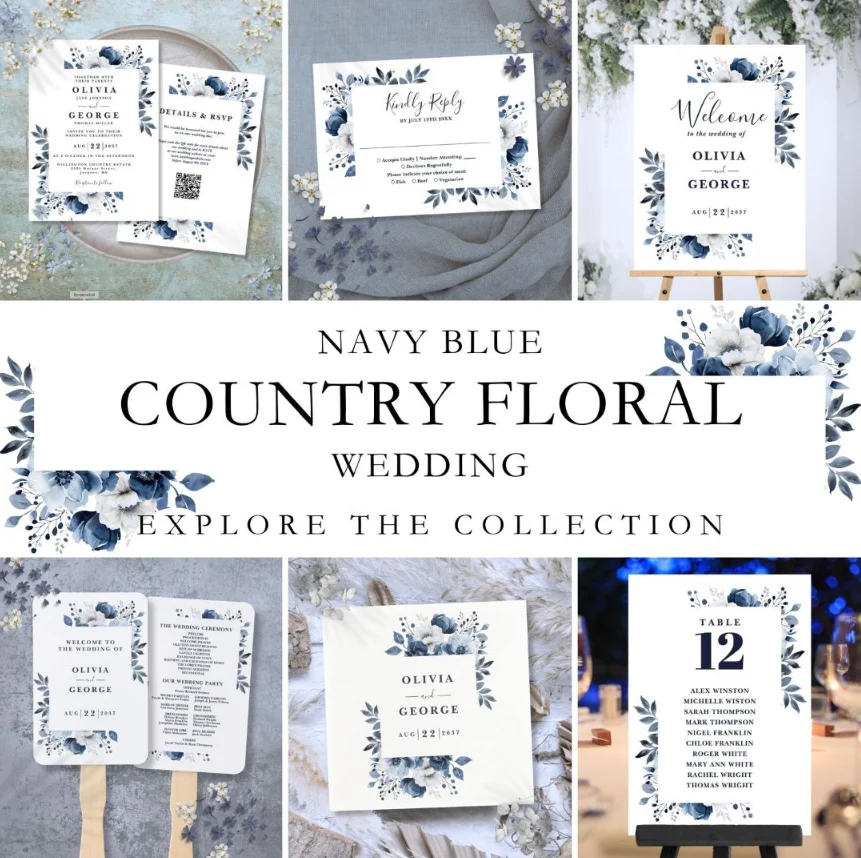 Navy Blue And White Modern Floral Wedding Suite Square