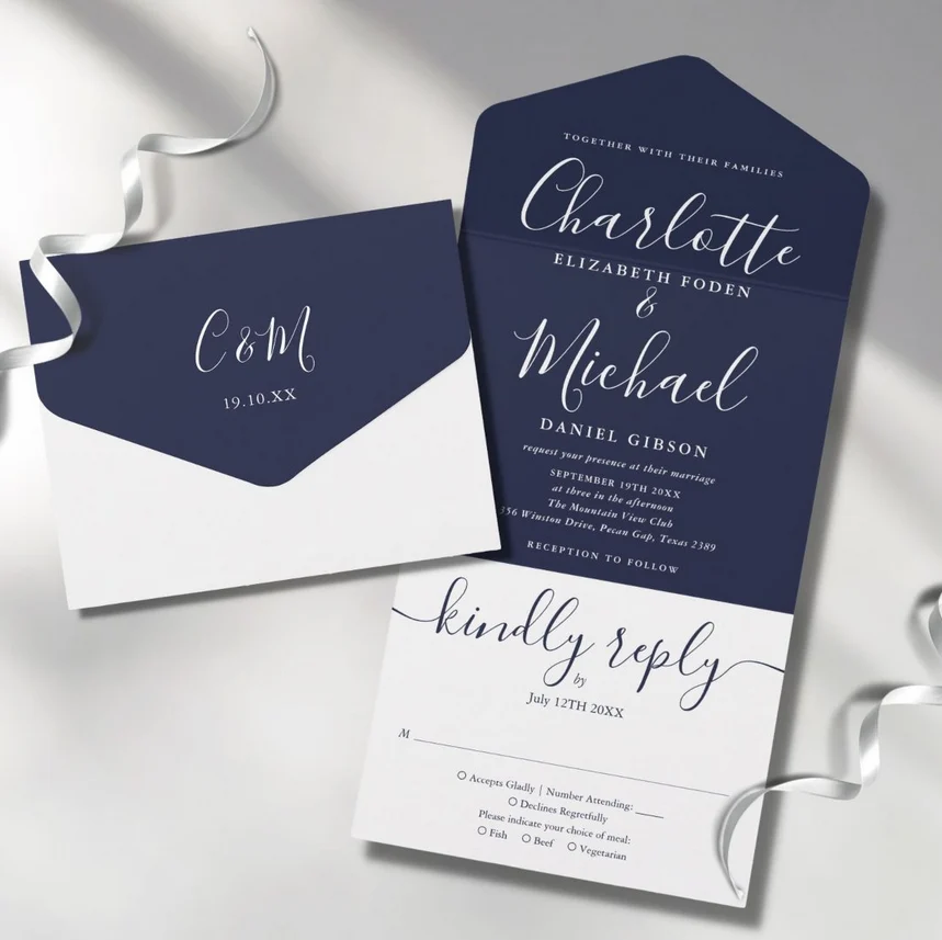 Navy Blue Elegant Modern Script Minimalist Wedding All In One Invitation