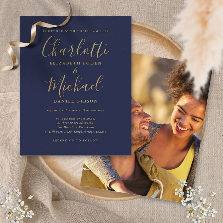 Budget Navy Blue Gold Script Photo Wedding Invite