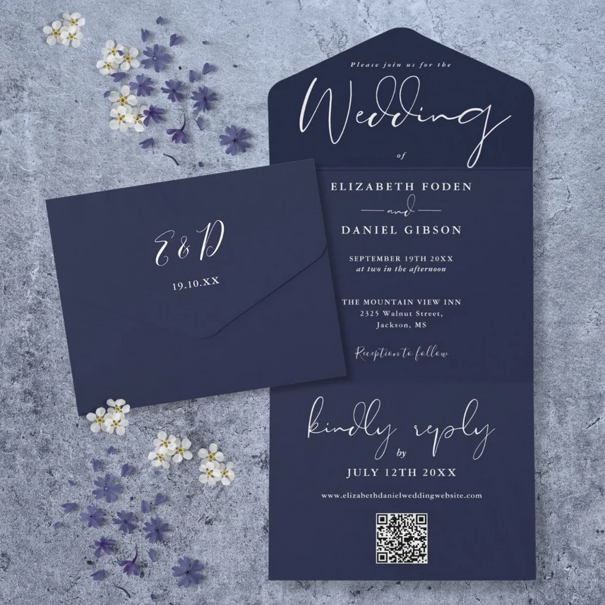 Elegant Navy Blue QR Code Monogram Wedding All In One Invitation