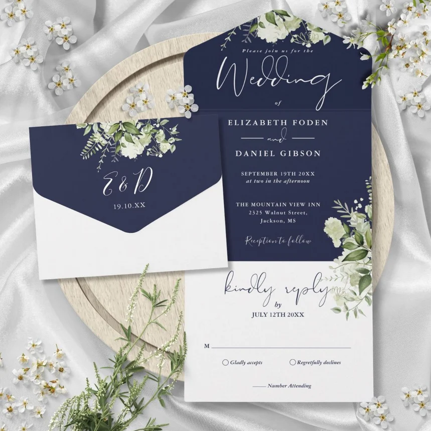 Navy Blue Botanical Greenery Monogram Wedding All In One Invitation