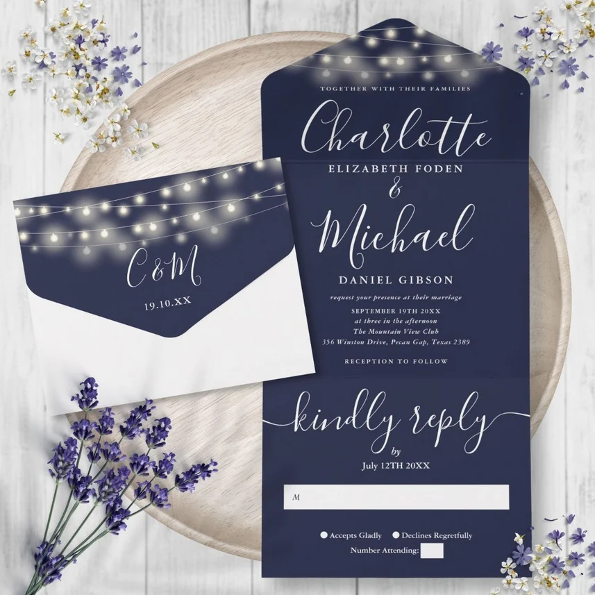 Navy Blue String Lights Modern Script Wedding All In One Invitation