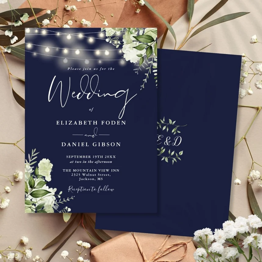 Navy Blue String Lights Floral Monogram Wedding Invitation