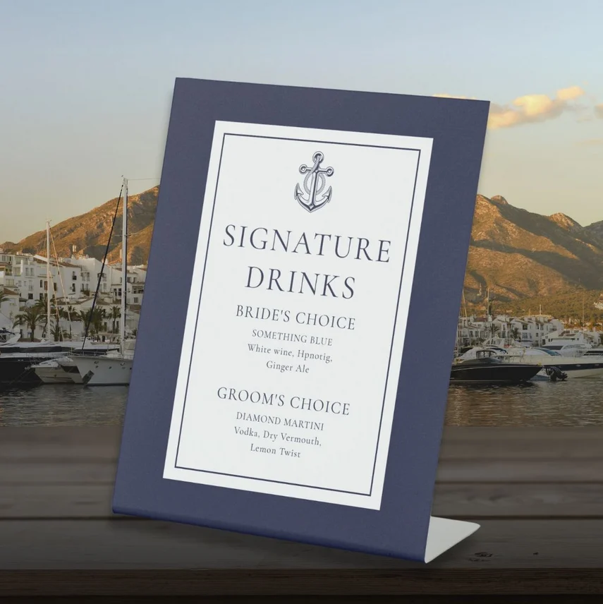 Navy Blue Nautical Anchor Signature Drinks Pedestal Sign