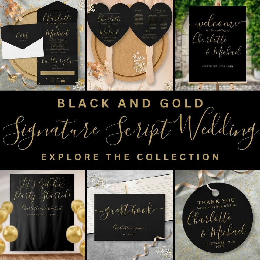 Thisisnotme Designs
Black and Gold Signature Script Wedding Suite