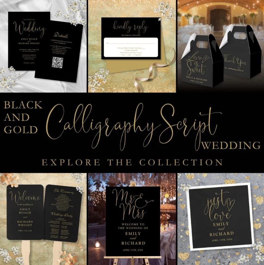 Modern Black Gold Calligraphy Script Wedding Suite
