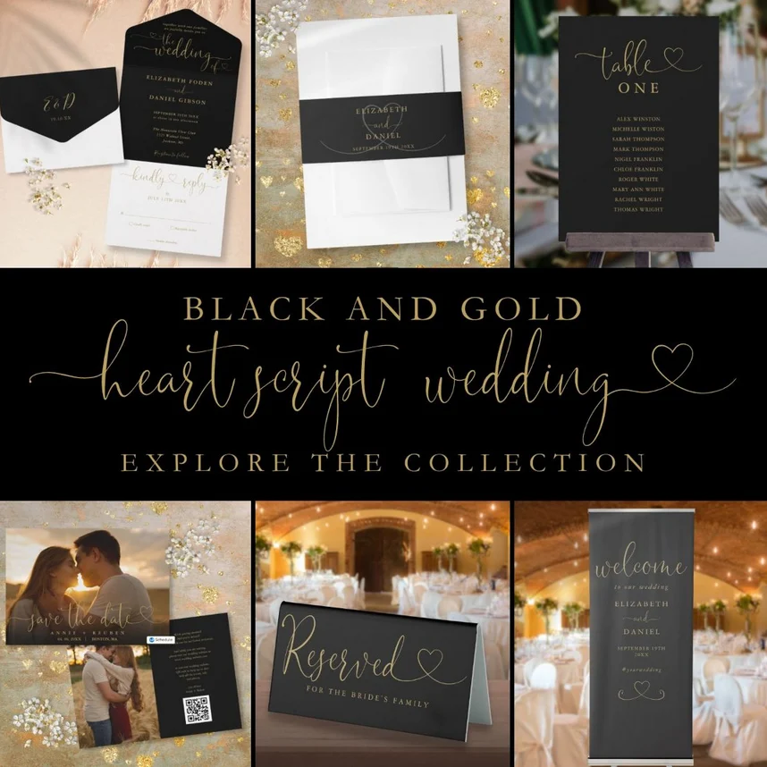 Elegant Black and Gold Script Hearts Wedding Suite