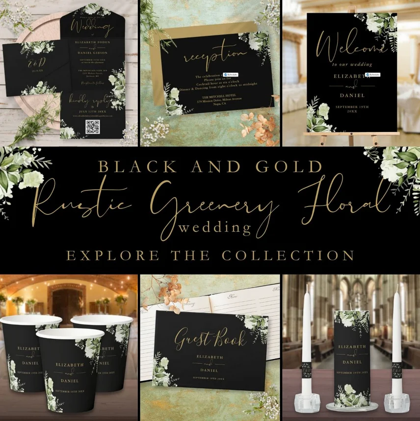Thisisnotme Designs
Black Gold Greenery Floral Monogram Wedding Suite