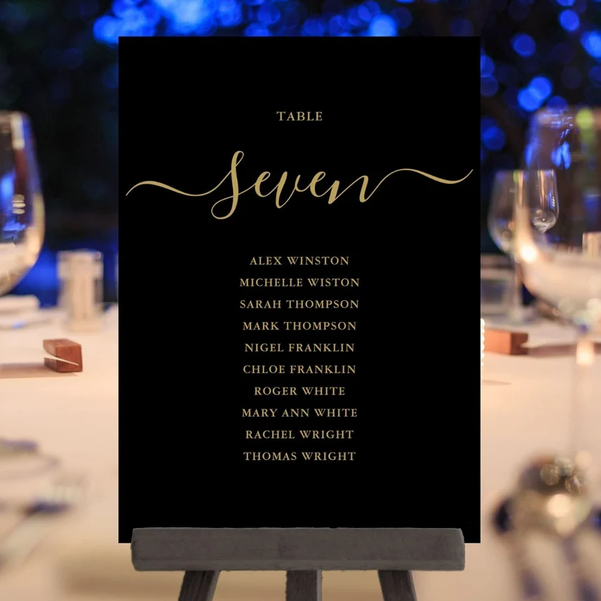 Black And Gold Script Table Number Seating Chart