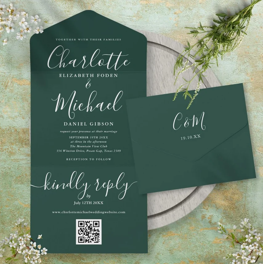 Emerald Green QR Code Script Minimalist Wedding All In One Invitation