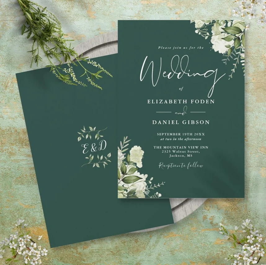 Emerald Greenery Leaves Monogram Wedding Invitation