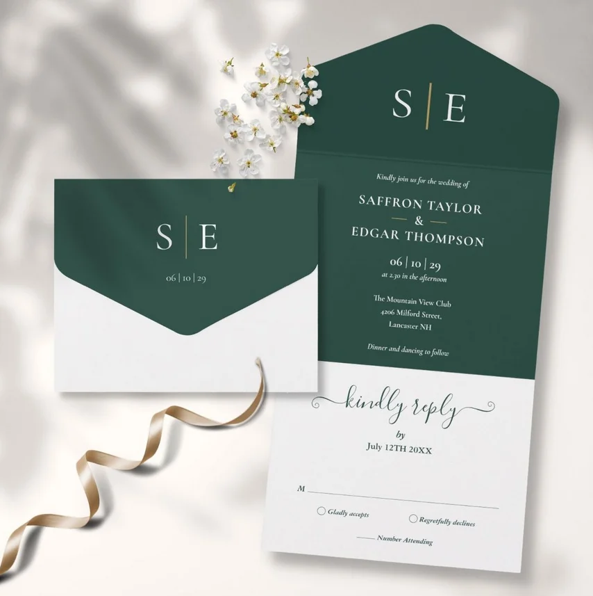 Monogram Elegant Emerald Green And Gold Wedding All In One Invitation
