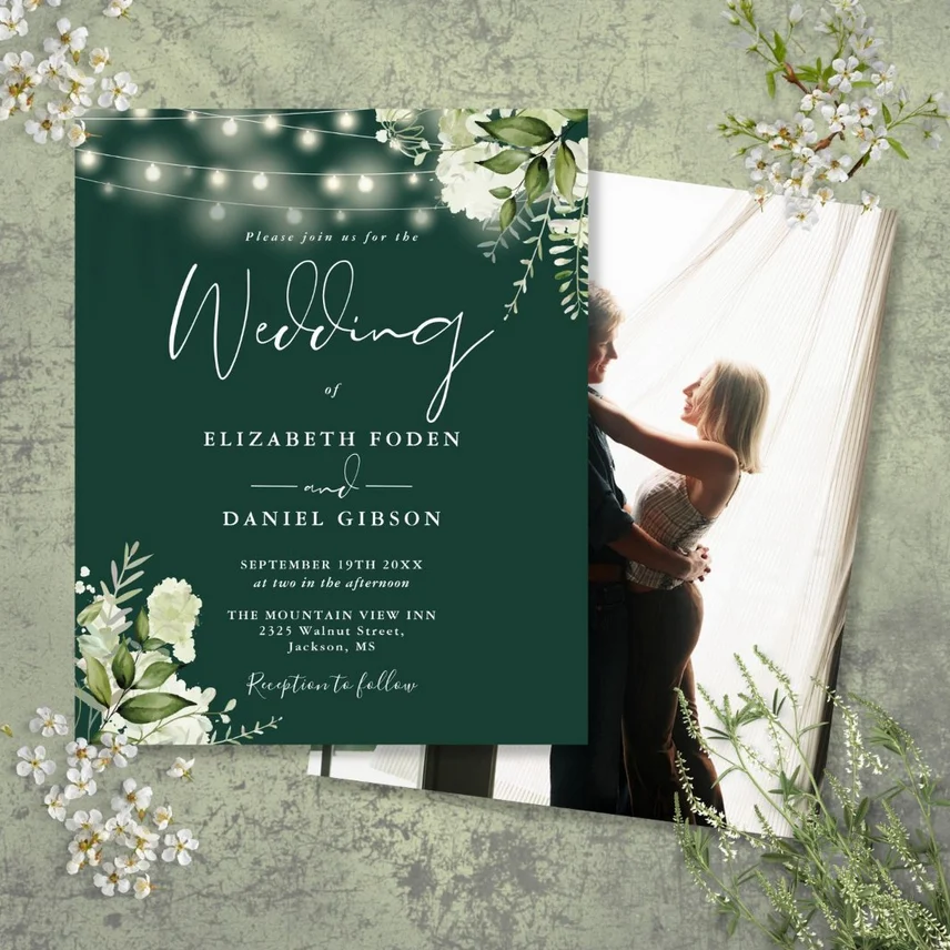 Budget Floral Emerald Photo Wedding Invite