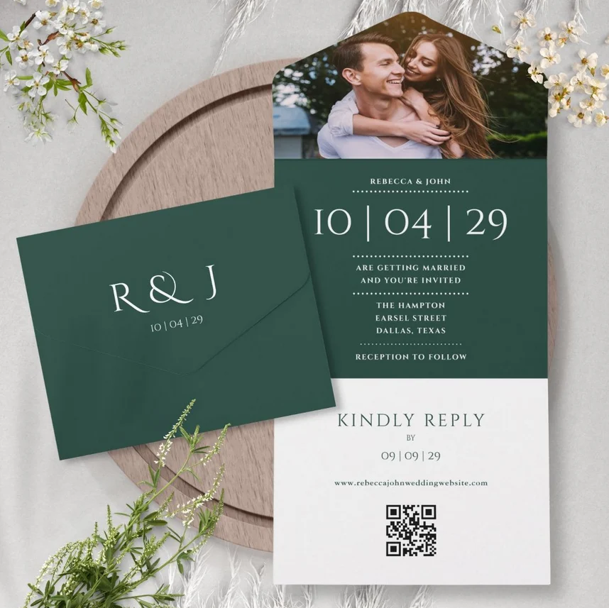 Emerald Monogram QR Code Photo Wedding Date All In One Invitation