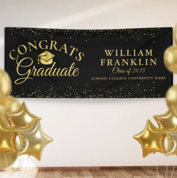 Black And Gold Glitter Modern Graduation Banner