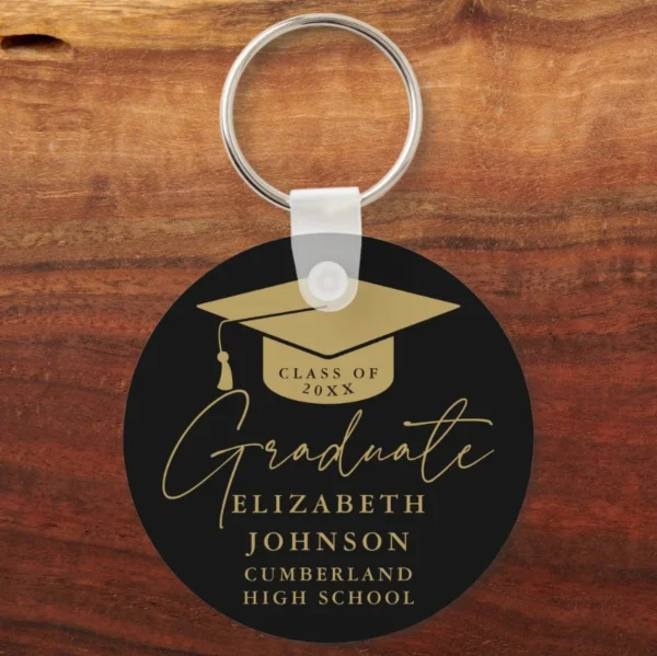 Black And Gold Elegant Script Graduation Keychain