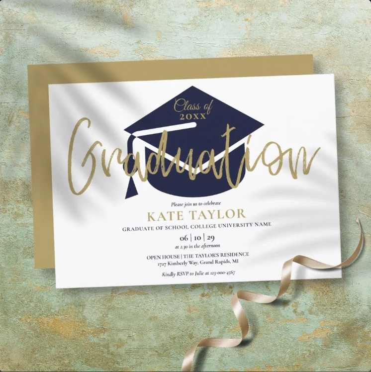 Simple Navy Blue And Gold Script Graduation Party Invitation