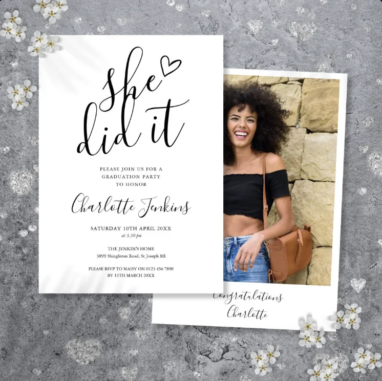She Did It Script Heart Photo Graduation Party Invitation
